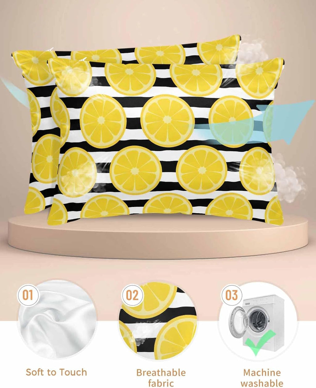 Yellow Lemon Pillow Cases Standard Size Set of 2, Satin Pillowcase for Hair and Skin, Summer Botanical Fruits Black White Stripes Throw Pillow Covers Cooling Pillow Protector with Zipper 20"x26"x2