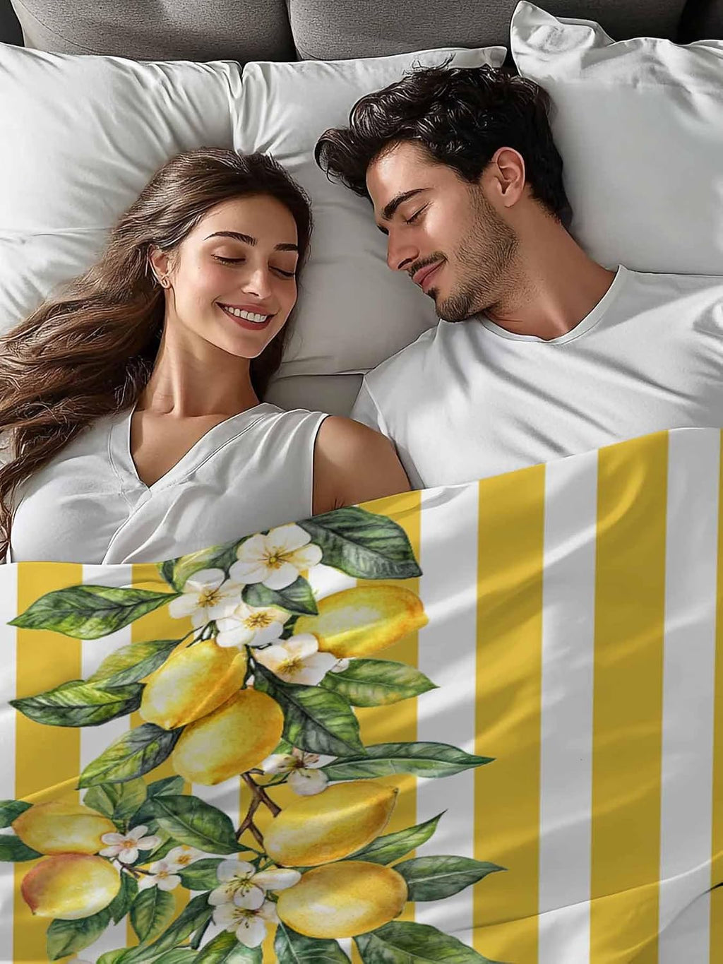 Twin Flat Sheet Only,Watercolor Summer Farm Lemon Leaves Top Sheet Breathable Soft Brushed Polyester Microfiber Bed Sheets,Yellow Stripe Hotel Luxury Bedding Sheets for Women,Men,Teens
