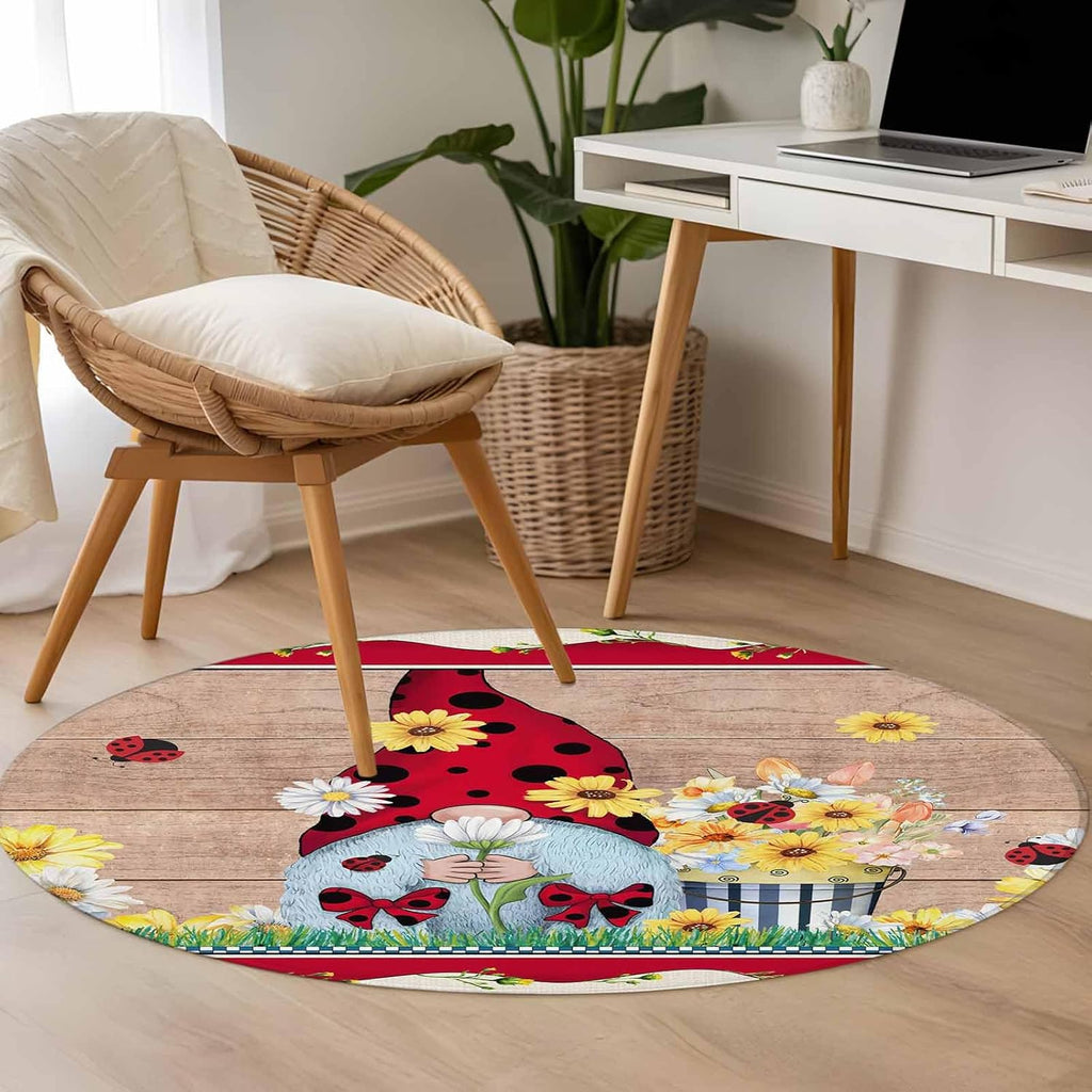 Ladybug Gnome Round Rug 3.3 Ft, Country Summer Rustic White Yellow Daisy Floral Wood Grain Samll Area Rugs Washable Non Slip Indoor Floor Mats Circle Carpet for Living Room Bedroom Dining Room Home
