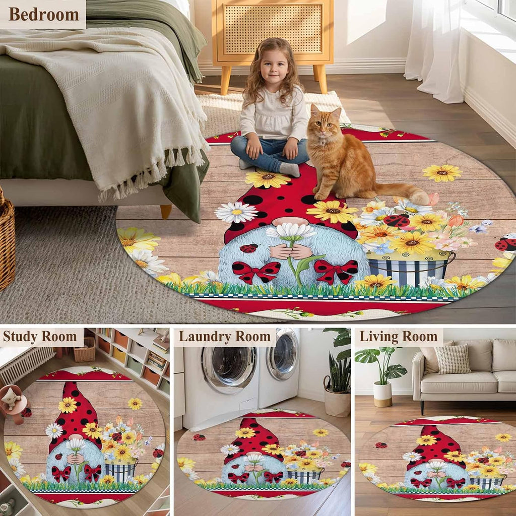 Ladybug Gnome Round Rug 3.3 Ft, Country Summer Rustic White Yellow Daisy Floral Wood Grain Samll Area Rugs Washable Non Slip Indoor Floor Mats Circle Carpet for Living Room Bedroom Dining Room Home