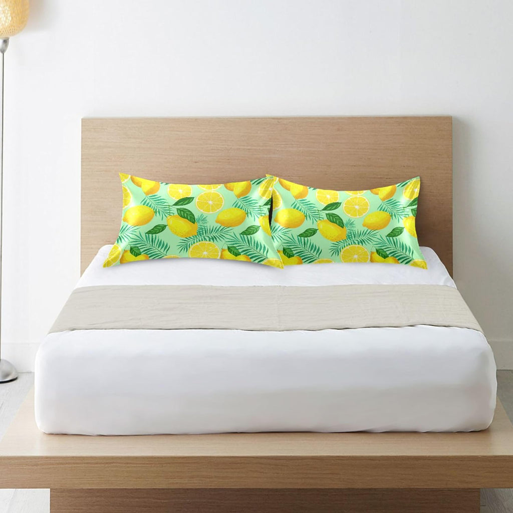Yellow Lemon and Green Leaves Satin Pillow Cases, Soft Cozy Wrinkle Free Pillow Covers, Machine Washable Pillowcase Covers with Envelope Closure Standard Size 20” x 26”