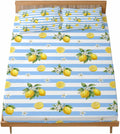 3 Pieces Twin Fitted Sheet Set, Summer Lemon Flower Leaf Deep Pocket Up to 16", Yellow Fruit Blue White Stripe Soft Elastic Bed Sheets and Pillow Cases Secure Fit