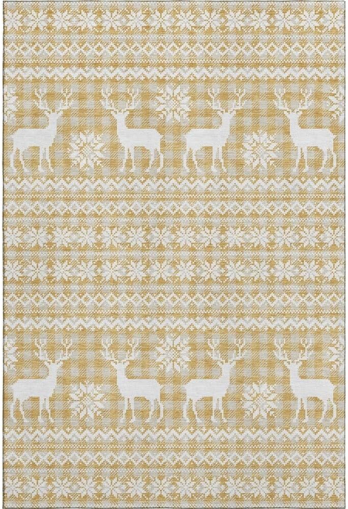 Holiday Festive Theme Soft Plush Thick Pile Christmas Area Rug 8' x 10' | Winter Cheer Xmas Playful Deer Snowflakes Plaid Patterns Gold Yellow White Color | Washable Nonslip Indoor Outdoor Rugs