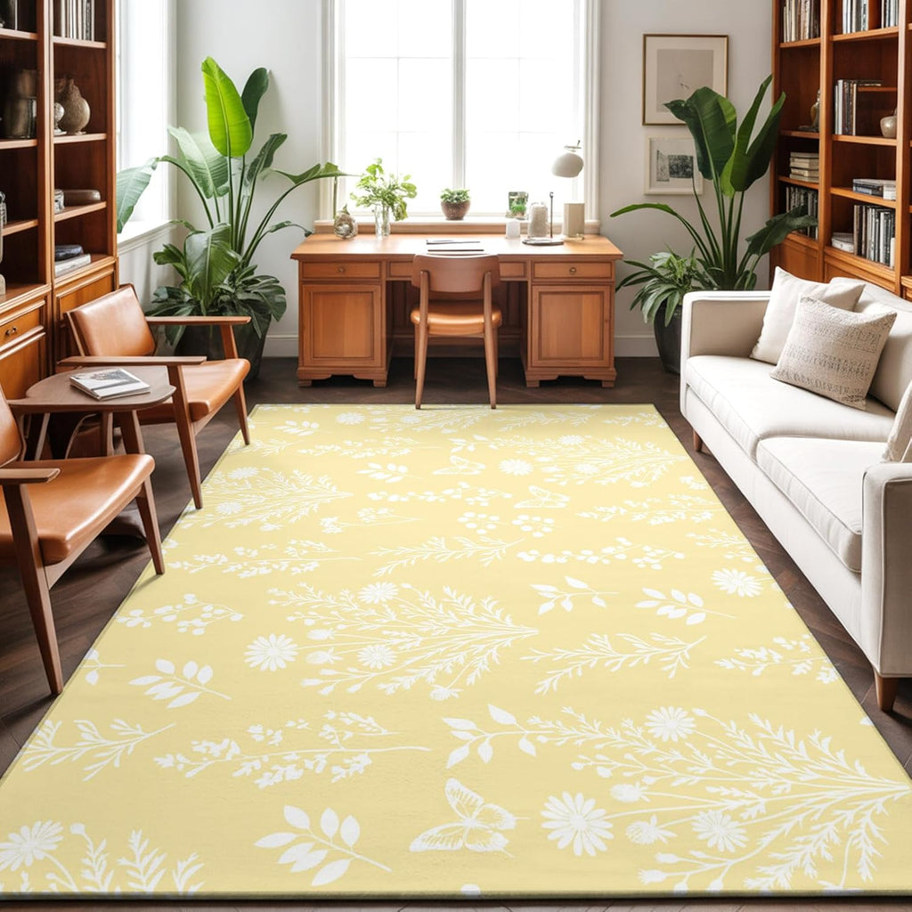 3'x5' Rug for Living Room Bedroom, Light Yellow Botanical Washable Area Rugs Non-Slip Carpet Mats, Spring Summer Chic Wildflowers Indoor Low Pile Area Rug Runner for Kitchen, Mudroom