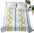 Lemon Striped Flat Bed Sheet Queen Size for Queen Mattress, Microfiber Bedding Top Sheets Deep Pocket for All Seasons, Yellow Fruit Blue White Geometric Soft & Breathable Hotel Quality