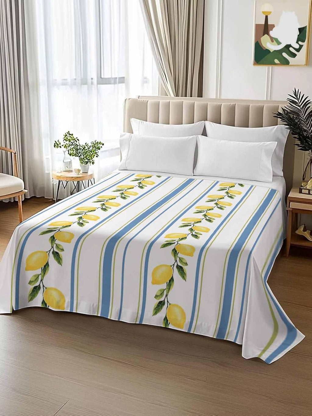 Lemon Striped Flat Bed Sheet Queen Size for Queen Mattress, Microfiber Bedding Top Sheets Deep Pocket for All Seasons, Yellow Fruit Blue White Geometric Soft & Breathable Hotel Quality