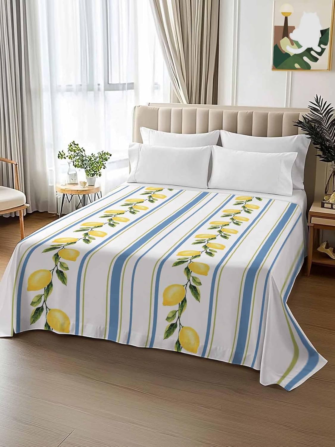 Lemon Striped Flat Bed Sheet Queen Size for Queen Mattress, Microfiber Bedding Top Sheets Deep Pocket for All Seasons, Yellow Fruit Blue White Geometric Soft & Breathable Hotel Quality