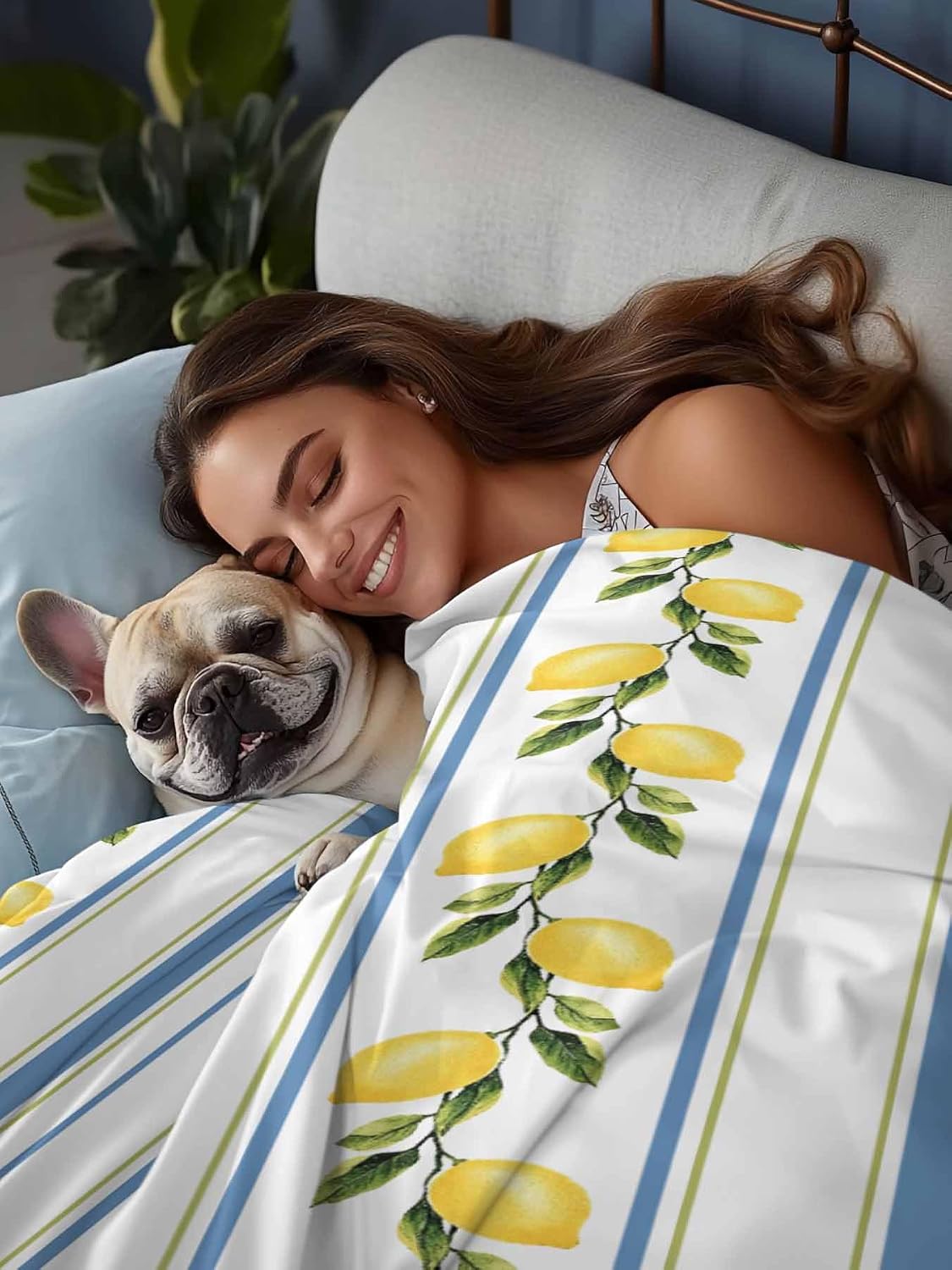 Lemon Striped Flat Bed Sheet Queen Size for Queen Mattress, Microfiber Bedding Top Sheets Deep Pocket for All Seasons, Yellow Fruit Blue White Geometric Soft & Breathable Hotel Quality