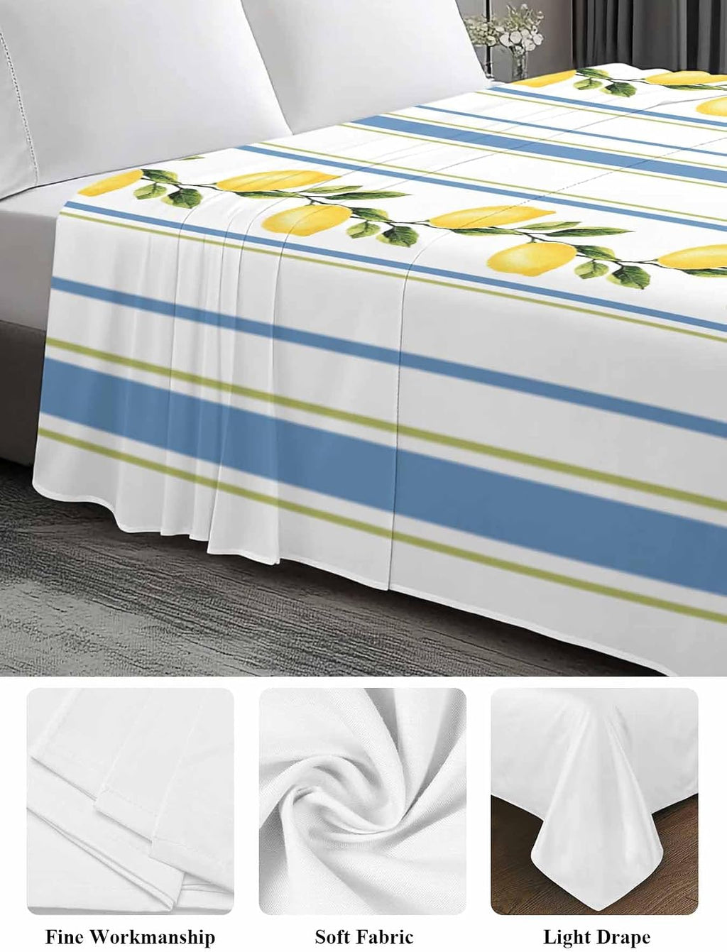 Lemon Striped Flat Bed Sheet Queen Size for Queen Mattress, Microfiber Bedding Top Sheets Deep Pocket for All Seasons, Yellow Fruit Blue White Geometric Soft & Breathable Hotel Quality