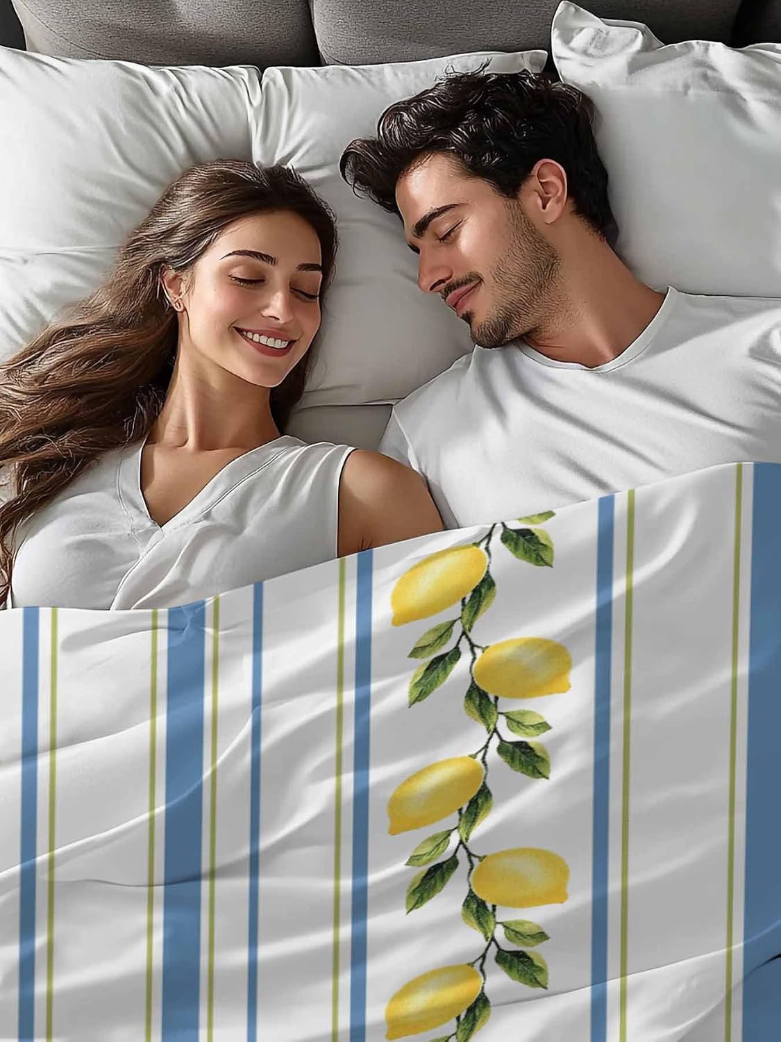 Lemon Striped Flat Bed Sheet Queen Size for Queen Mattress, Microfiber Bedding Top Sheets Deep Pocket for All Seasons, Yellow Fruit Blue White Geometric Soft & Breathable Hotel Quality