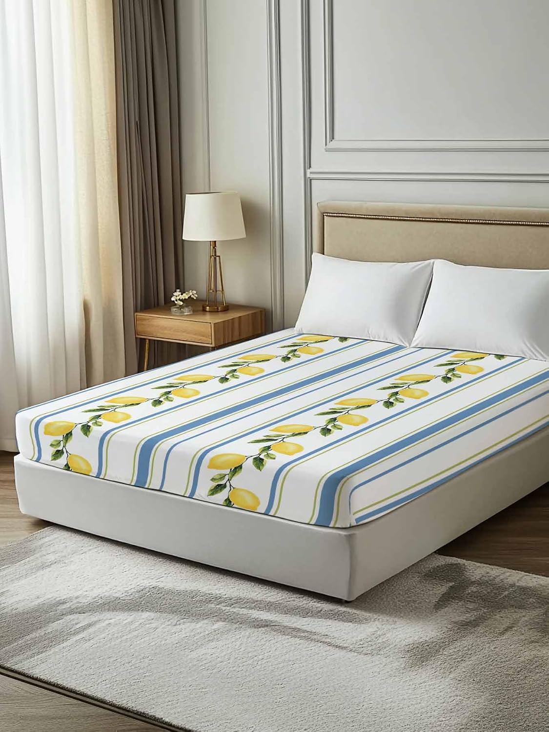 Lemon Striped Flat Bed Sheet Queen Size for Queen Mattress, Microfiber Bedding Top Sheets Deep Pocket for All Seasons, Yellow Fruit Blue White Geometric Soft & Breathable Hotel Quality