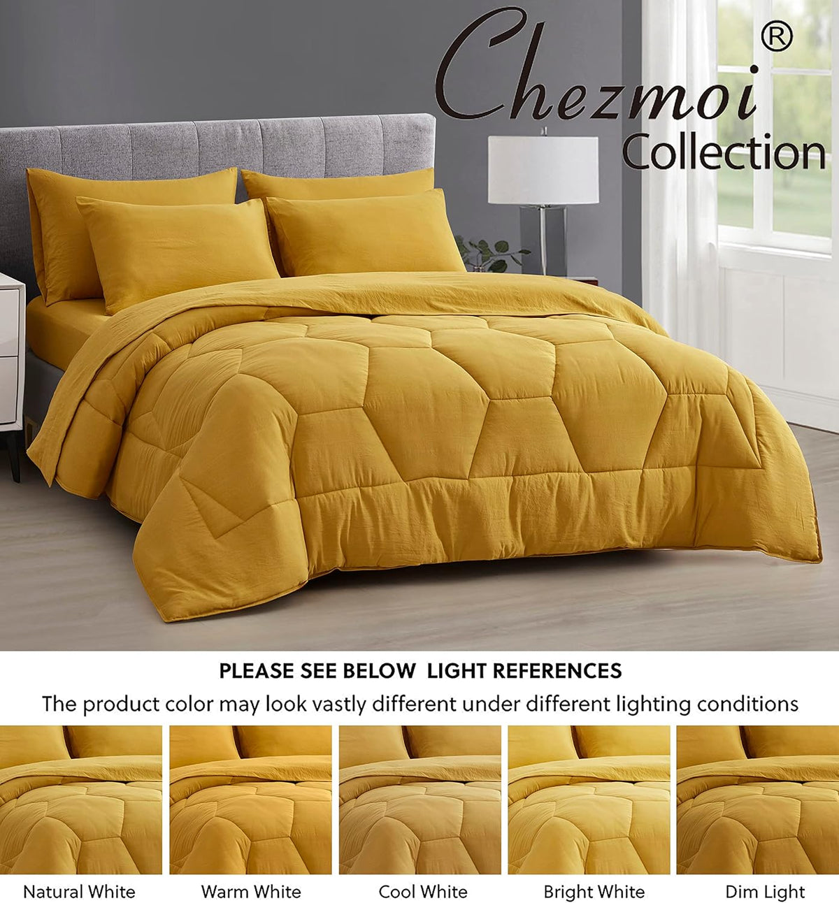 Piper Full Bed in a Bag 7-Pieces Honeycomb Hexagon Quilted Soft Washed Double Brushed Microfiber Comforter with Sheets Lightweight All Season Bedding Set (Full, Mustard Yellow)