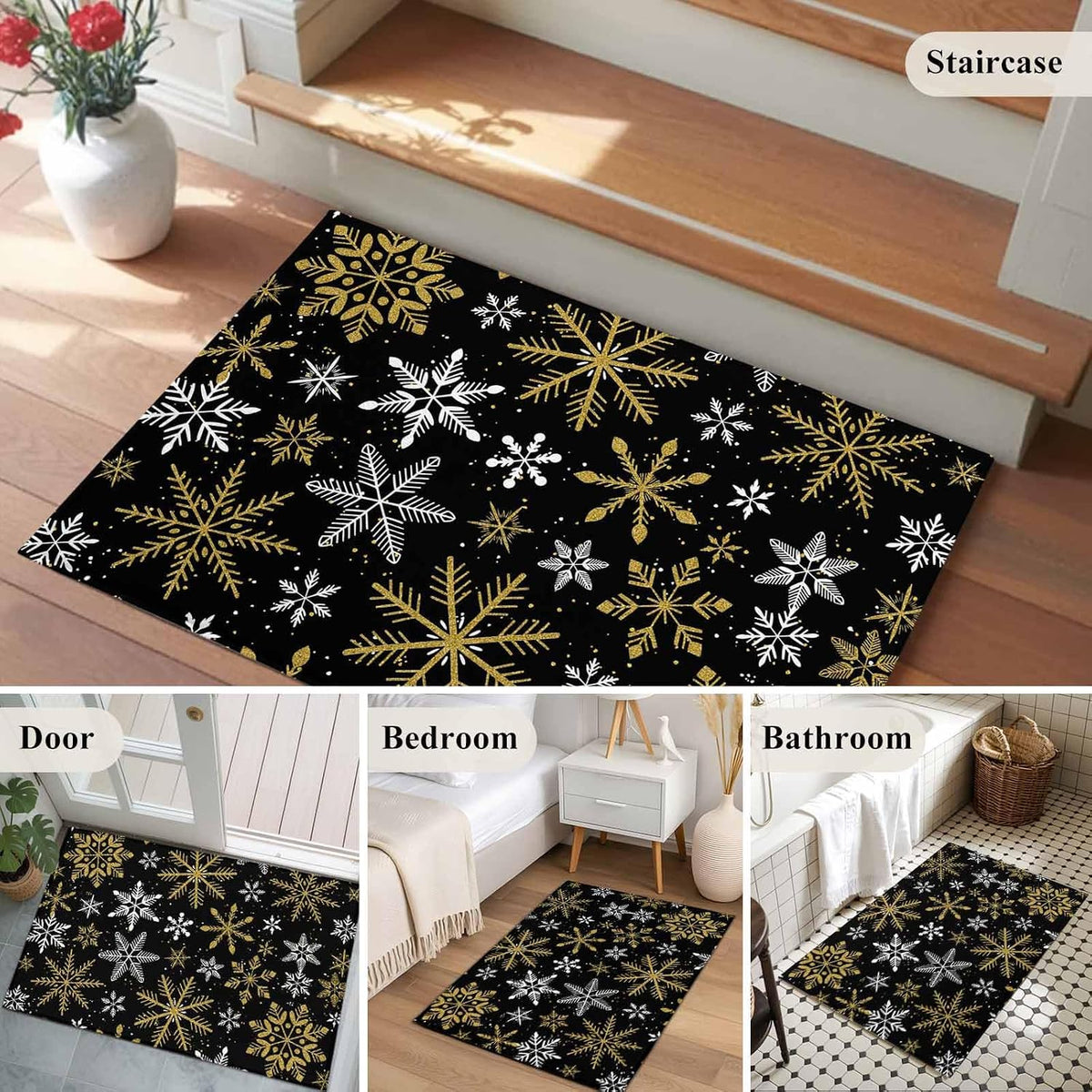 Winter Yellow Snowflake 2x3 Area Rugs for Living Room, Christmas White Snowflake Black Non Slip Floor Mat Washable Low-Profile Indoor Carpet for Bedroom, Dining Room, Bathroom