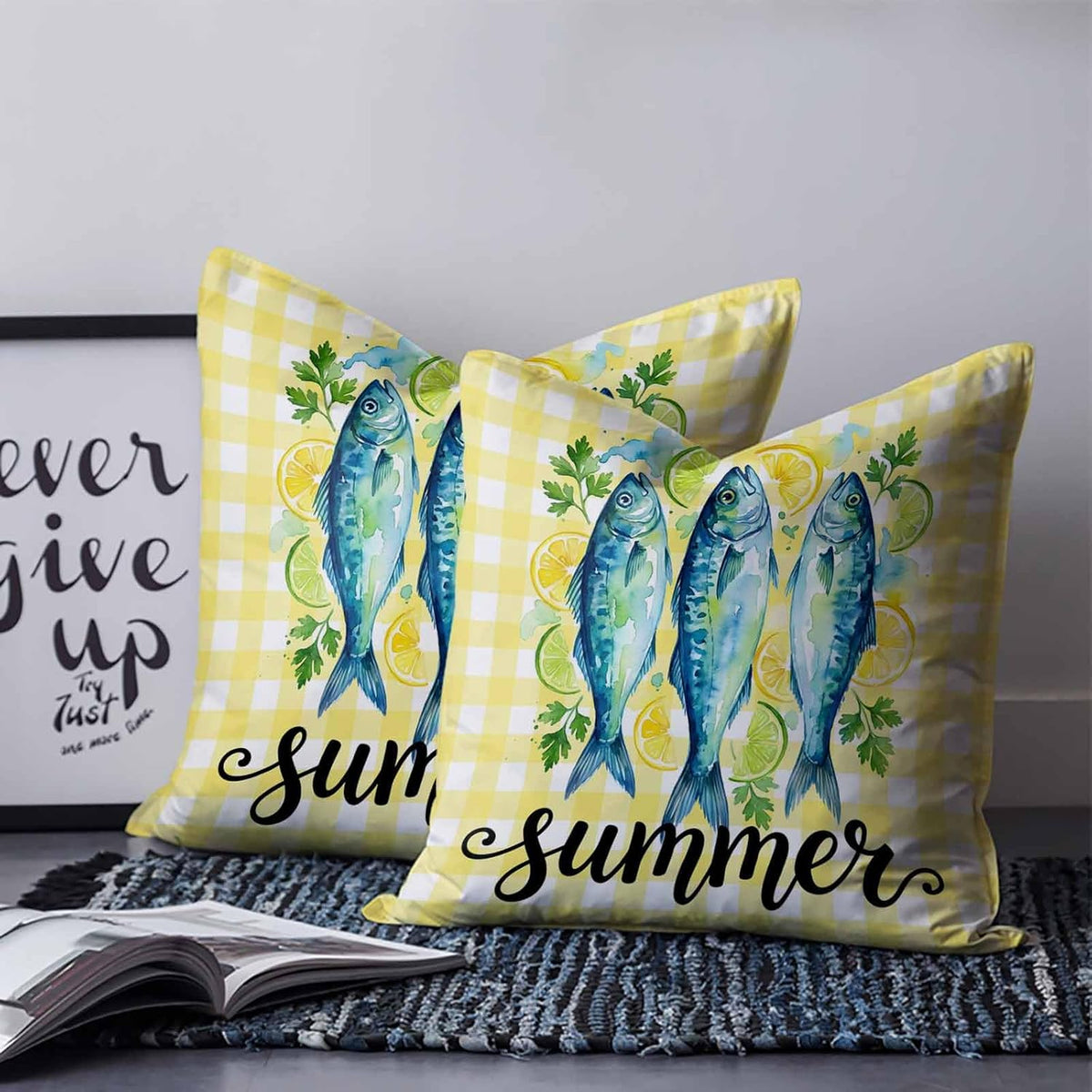 Summer Fish 2PCS Throw Pillow Covers for Couch Sofa Bed, Farmhouse Yellow Lemon Stripes Pillow Covers 18x18 inch, Standard Pillowcases Set Decorative Cushion Covers for Living Room Bedroom