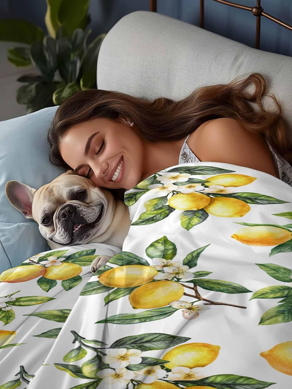 Twin Flat Sheet Only,Yellow Lemon Summer Green Leaves Top Sheet Breathable Soft Brushed Polyester Microfiber Bed Sheets,Blossom Floral Seamless Hotel Luxury Bedding Sheets for Women,Men,Teens