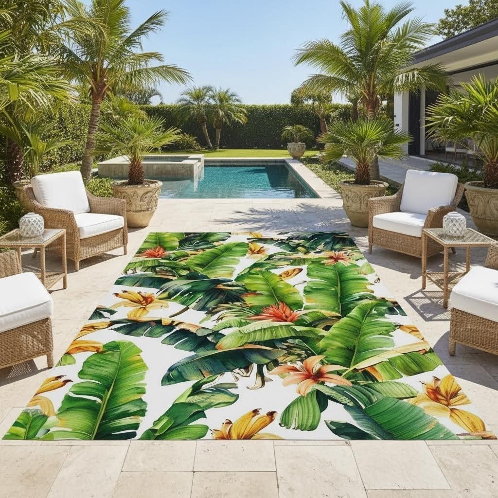 White Yellow Green Abstract Art Decor Realistic Banana Leaf Rug 4x6 Skin Friendly Lightweight Waterproof Palm Leaf Outdoor Rug for Deck Porch Garden Beach RV Entrance Balcony Tropical Rugs