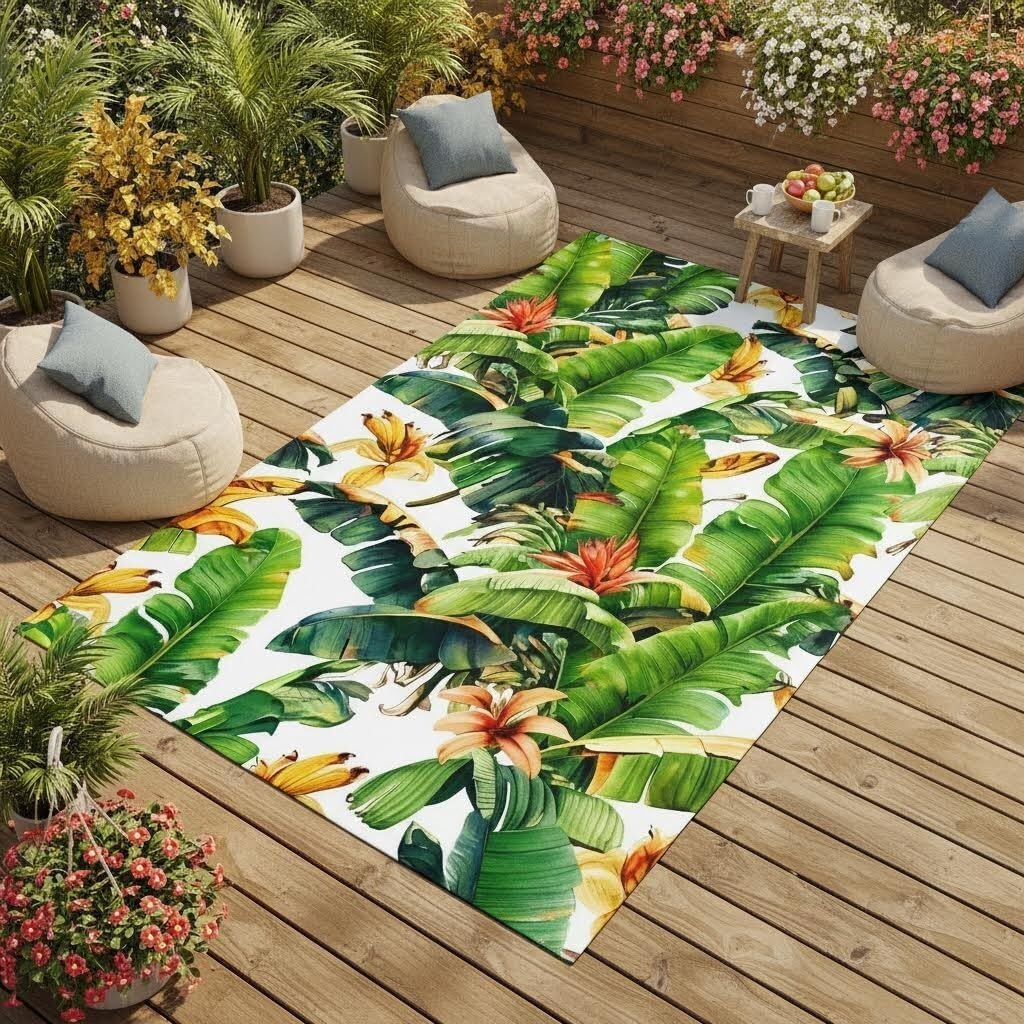 White Yellow Green Abstract Art Decor Realistic Banana Leaf Rug 4x6 Skin Friendly Lightweight Waterproof Palm Leaf Outdoor Rug for Deck Porch Garden Beach RV Entrance Balcony Tropical Rugs
