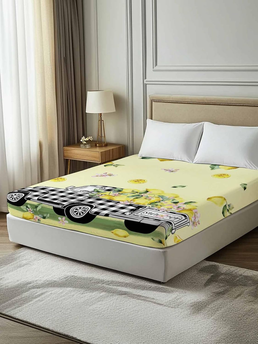 Queen Size Top Sheet Only, Pastoral Plaid Truck Lemon Fruit Flat Sheet Microfiber Breathable Soft Bed Sheets, Farm Floral Leaves on Yellow Hotel Bedding Flat Sheets for Bedroom