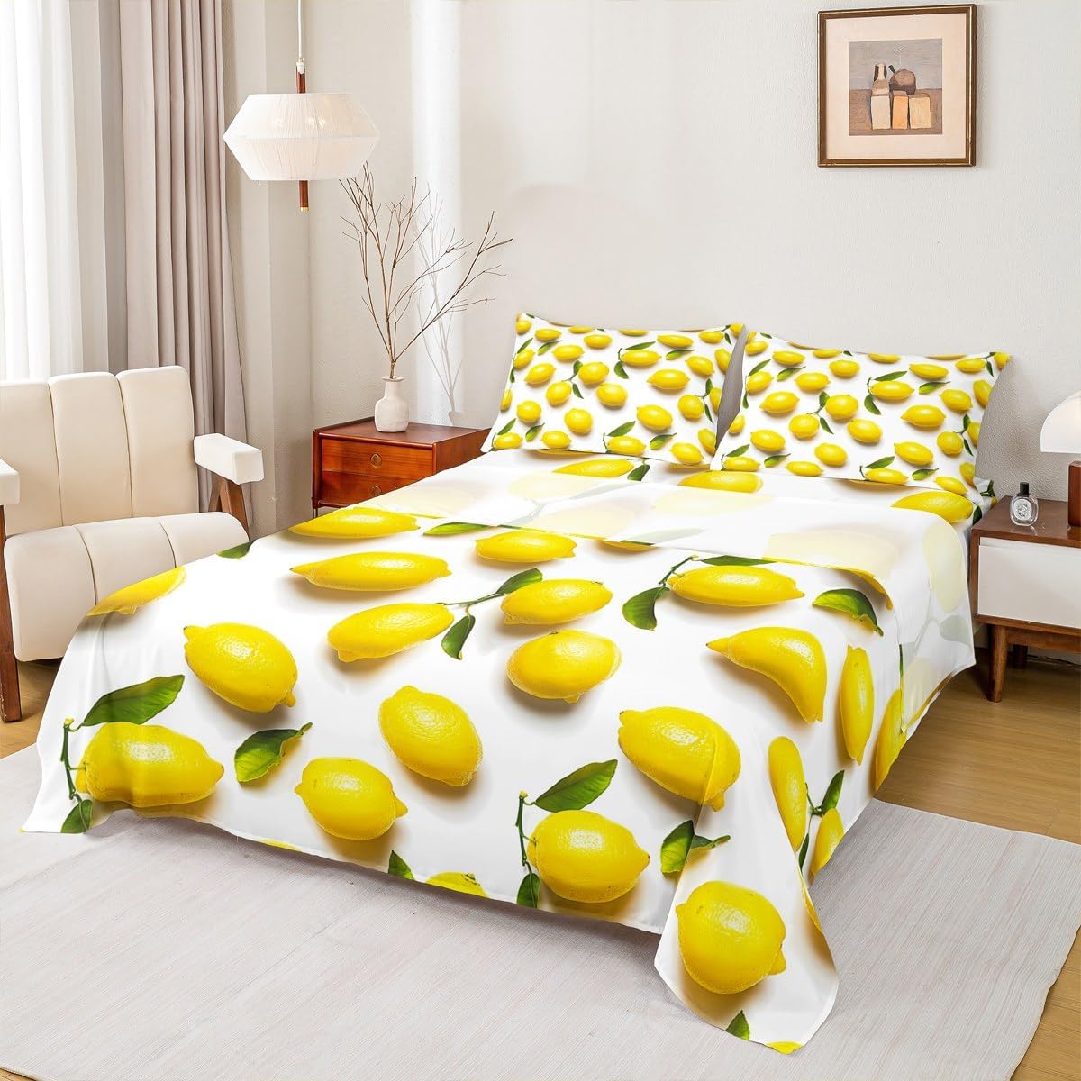 Sunny Lemon Print Bed Sheets Set Full Size Green Leaf Plant