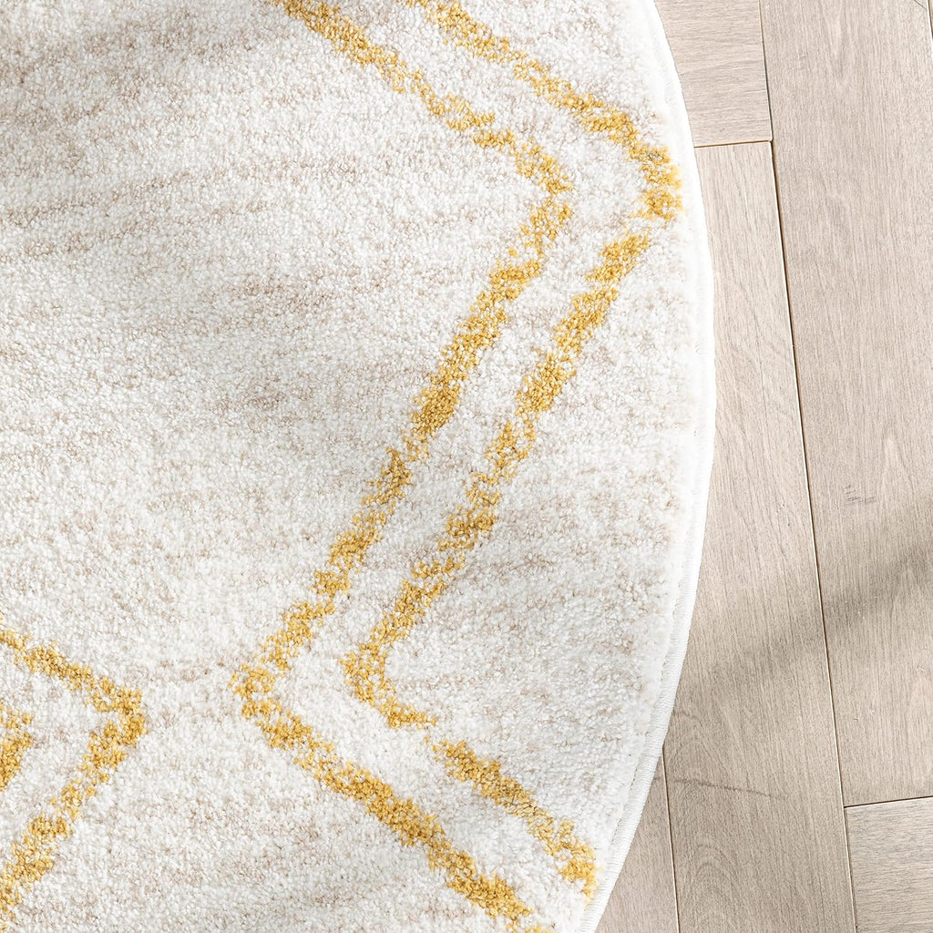 Well Woven Merri Yellow Ivory Geometric Stripes Pattern Stain-Resistant Area Rug (4' Round)