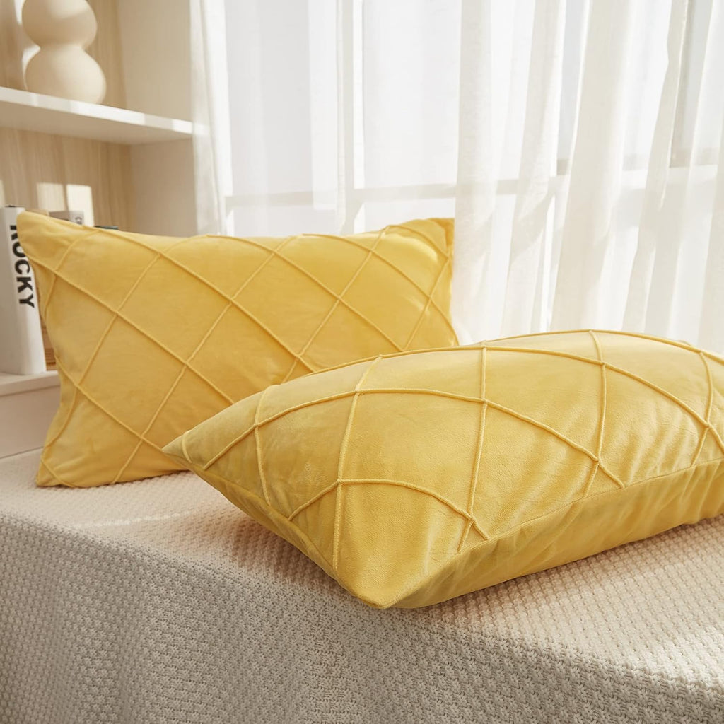 Diamond Pinch Pleated Crystal Velvet Pillowcases 2 Pack Solid Pintuck Throw Cushion Cover for Home Decor Hidden Zipper Closure (Yellow, Standard)