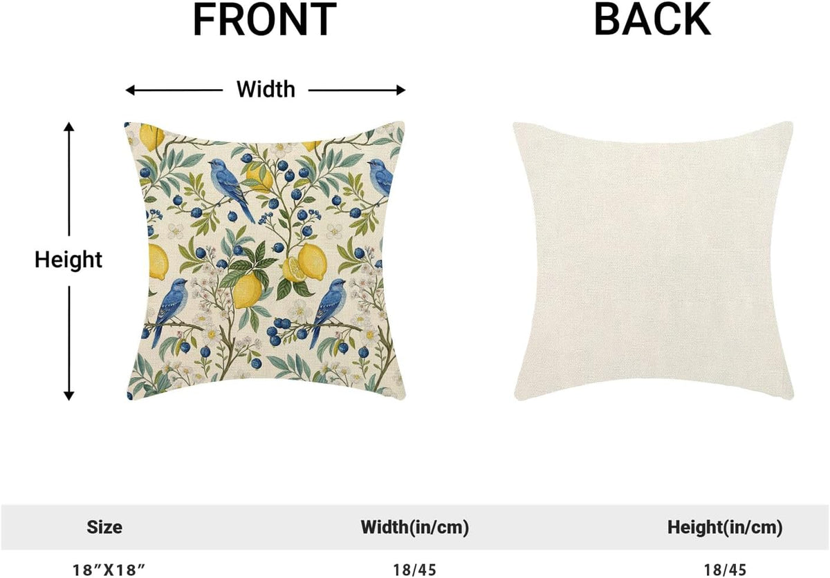 Chinoiserie Pillow Covers 18x18 Set of 2 Vintage Blue Birds Floral Throw Pillow Covers Outdoor Decoration Spring Summer Yellow Lemon Pillowcase Farmhouse Decorative Cushion Case for Couch Sofa