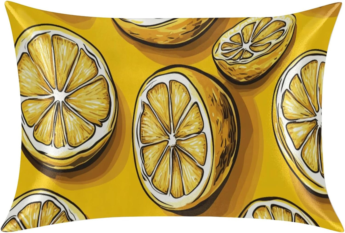Yellow Lemon Satin Pillowcase for Hair and Skin Summer Fruits Pillow Cases Standard Size Soft Cooling Satin Pillow Covers with Zipper for Men Women 20x26 Inches