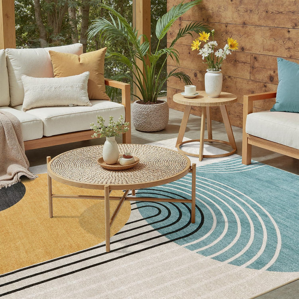 DCX 5x7 Area Rug Living Room: Modern Washable Indoor Carpet Blue & Yellow