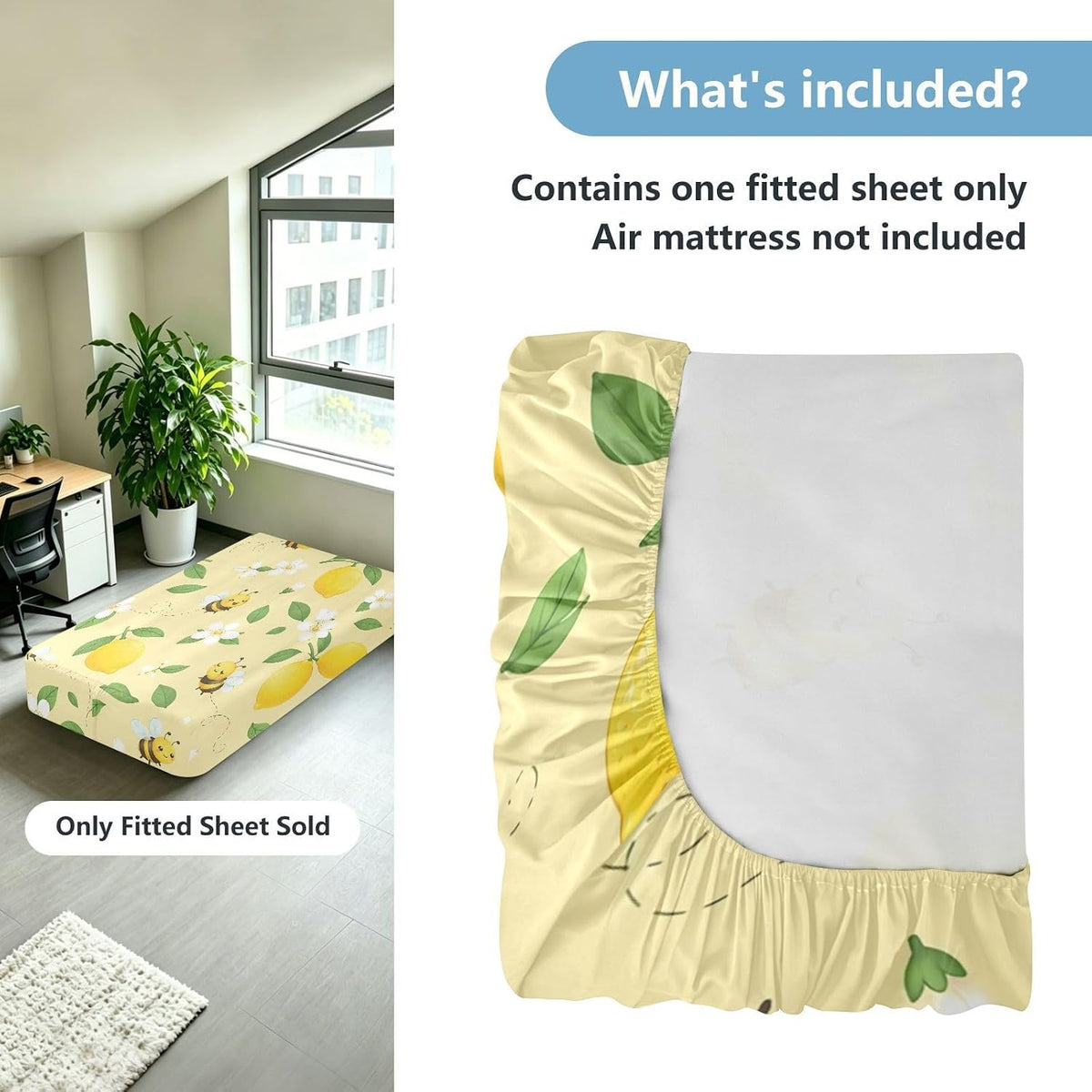 Lemon Bee Yellow Floral Air Mattress Sheet for 12-22 Inch Air Bed Soft Breathable Fitted Sheet with 24 Inch Deep Pocket & Zipper Opening, Twin