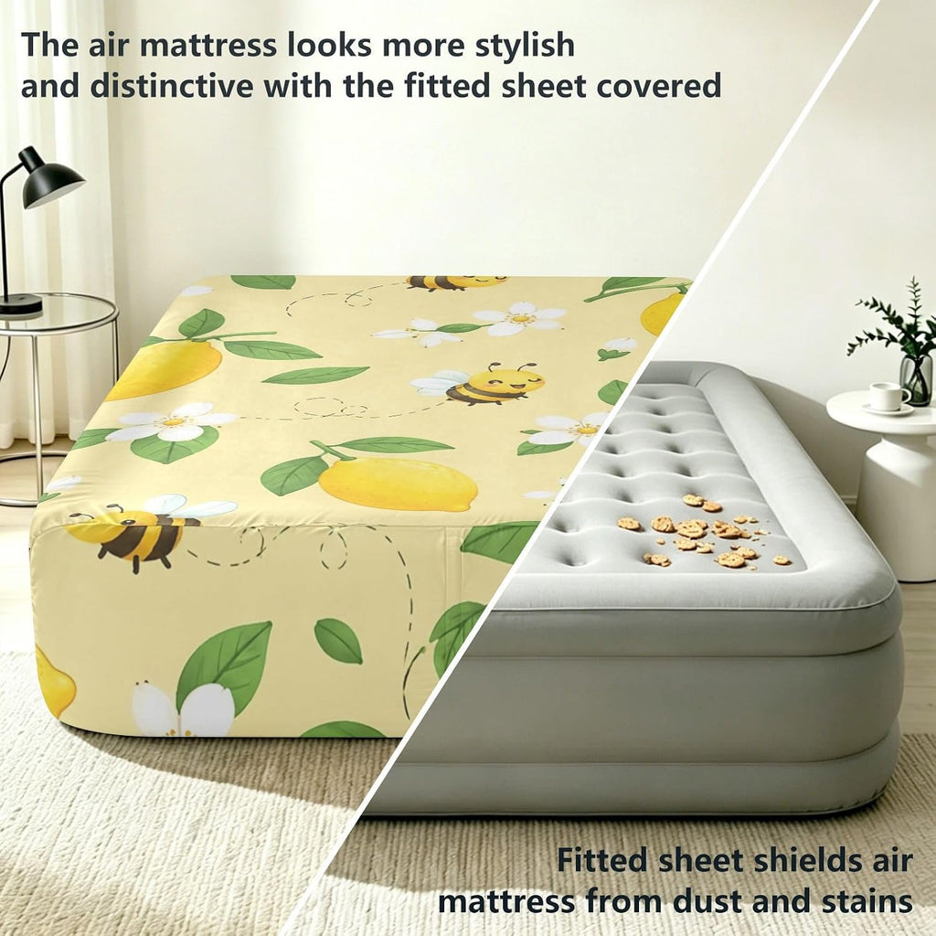 Lemon Bee Yellow Floral Air Mattress Sheet for 12-22 Inch Air Bed Soft Breathable Fitted Sheet with 24 Inch Deep Pocket & Zipper Opening, Twin
