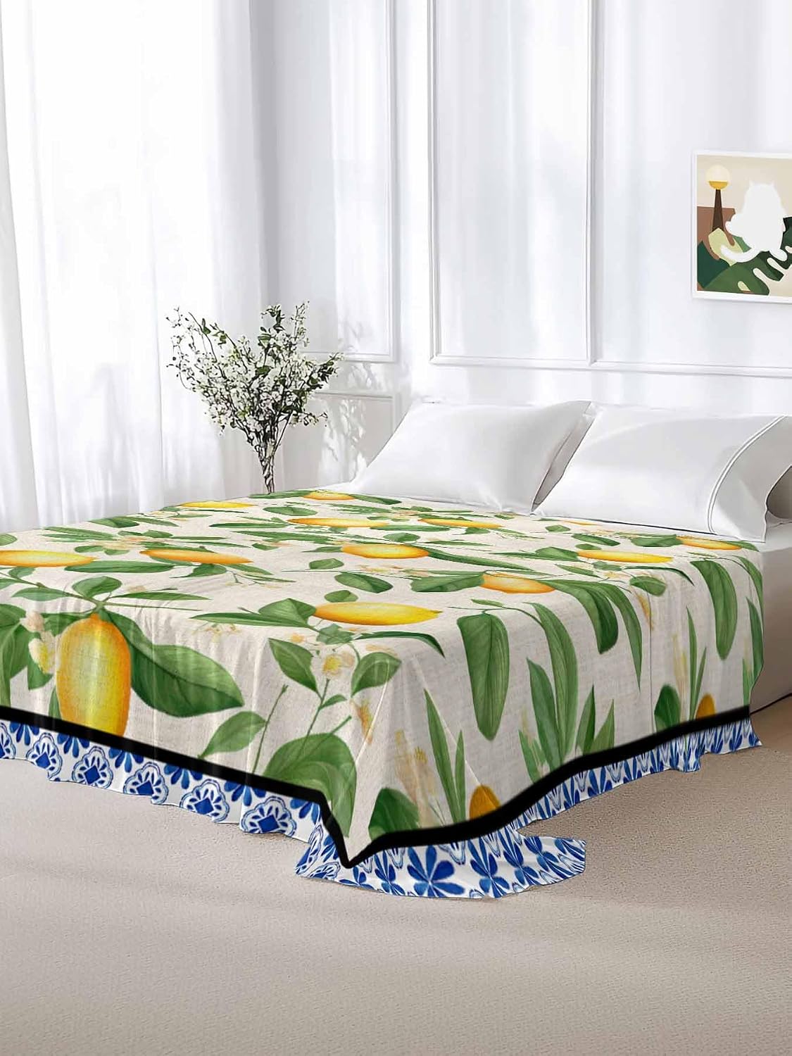 Flat Sheet, 1 Piece Top Sheet Twin Size Yellow Lemon Leaves Soft Breathable Bed Sheet Floral Blue Brushed Microfiber Bed Sheet, Wrinkle Resistant, Fade Resistant Bedding