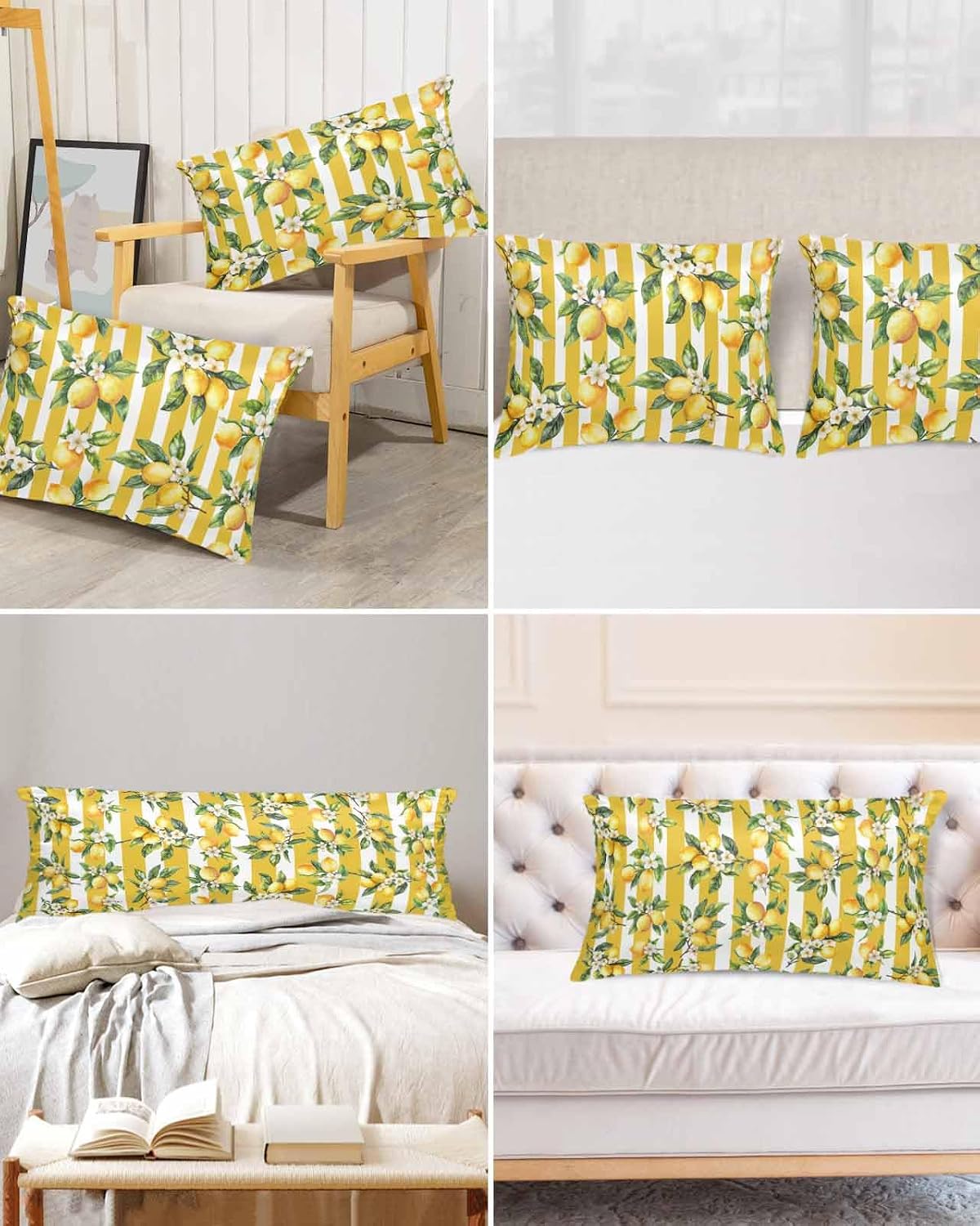 Satin Pillowcase for Hair and Skin Standard Size 2 Pack Floral Lemon Satin Pillow Case Soft Breathable Cooling Silk Fruit Leaves Yellow Stripes Pillowcases with Hidden Zipper Throw Pillow Covers 20x26