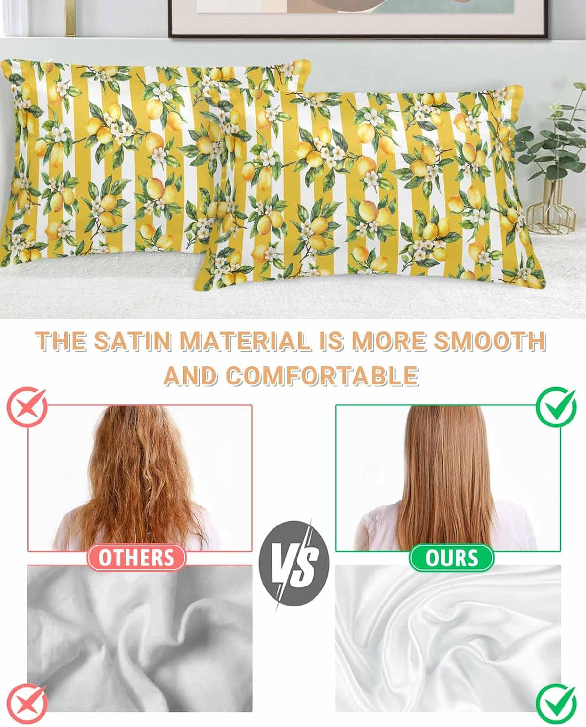 Satin Pillowcase for Hair and Skin Standard Size 2 Pack Floral Lemon Satin Pillow Case Soft Breathable Cooling Silk Fruit Leaves Yellow Stripes Pillowcases with Hidden Zipper Throw Pillow Covers 20x26