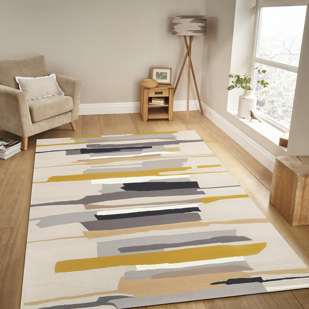 Modern Abstract Area Rug for Living Room, Bedroom, Neutral Beige Gray Yellow Geometric Carpet, Soft Low-Pile Non-Slip Washable Rug for Home Decor, Contemporary Floor Mat for Apartment & Office 02