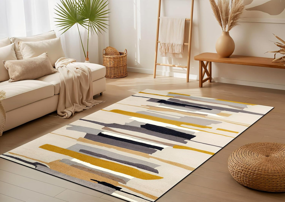 Modern Abstract Area Rug for Living Room, Bedroom, Neutral Beige Gray Yellow Geometric Carpet, Soft Low-Pile Non-Slip Washable Rug for Home Decor, Contemporary Floor Mat for Apartment & Office 02