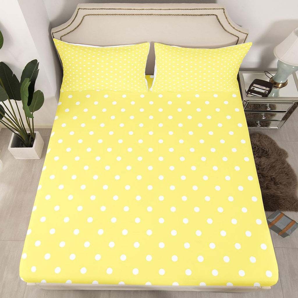 Lemon Yellow Polka Dot Bed Sheet Set Full Size Cute Polka Dot Bedding Sheets Simple Fashion Bedding Fitted Sheet Kawaii Style Bed Cover,1 Fitted Sheet+2 Pillow Sham（No Flat Sheet）