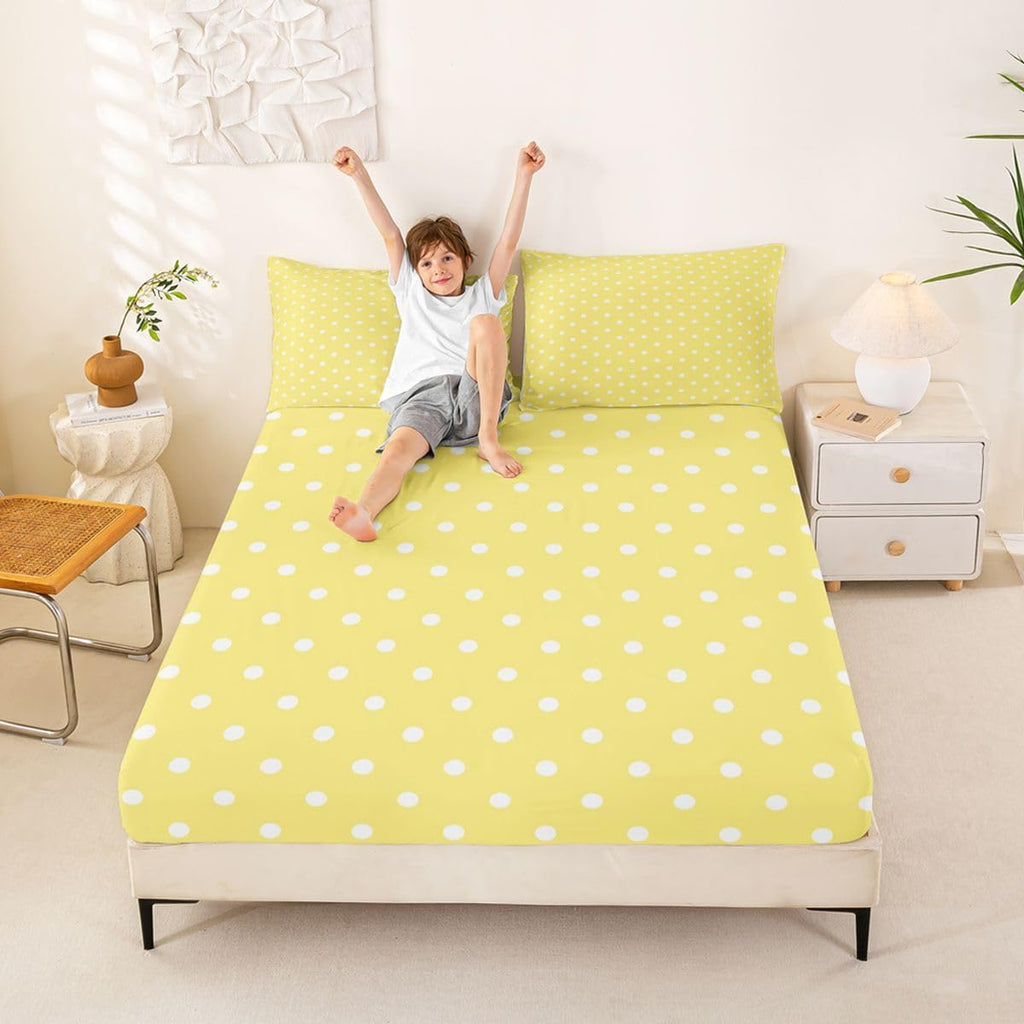 Lemon Yellow Polka Dot Bed Sheet Set Full Size Cute Polka Dot Bedding Sheets Simple Fashion Bedding Fitted Sheet Kawaii Style Bed Cover,1 Fitted Sheet+2 Pillow Sham（No Flat Sheet）