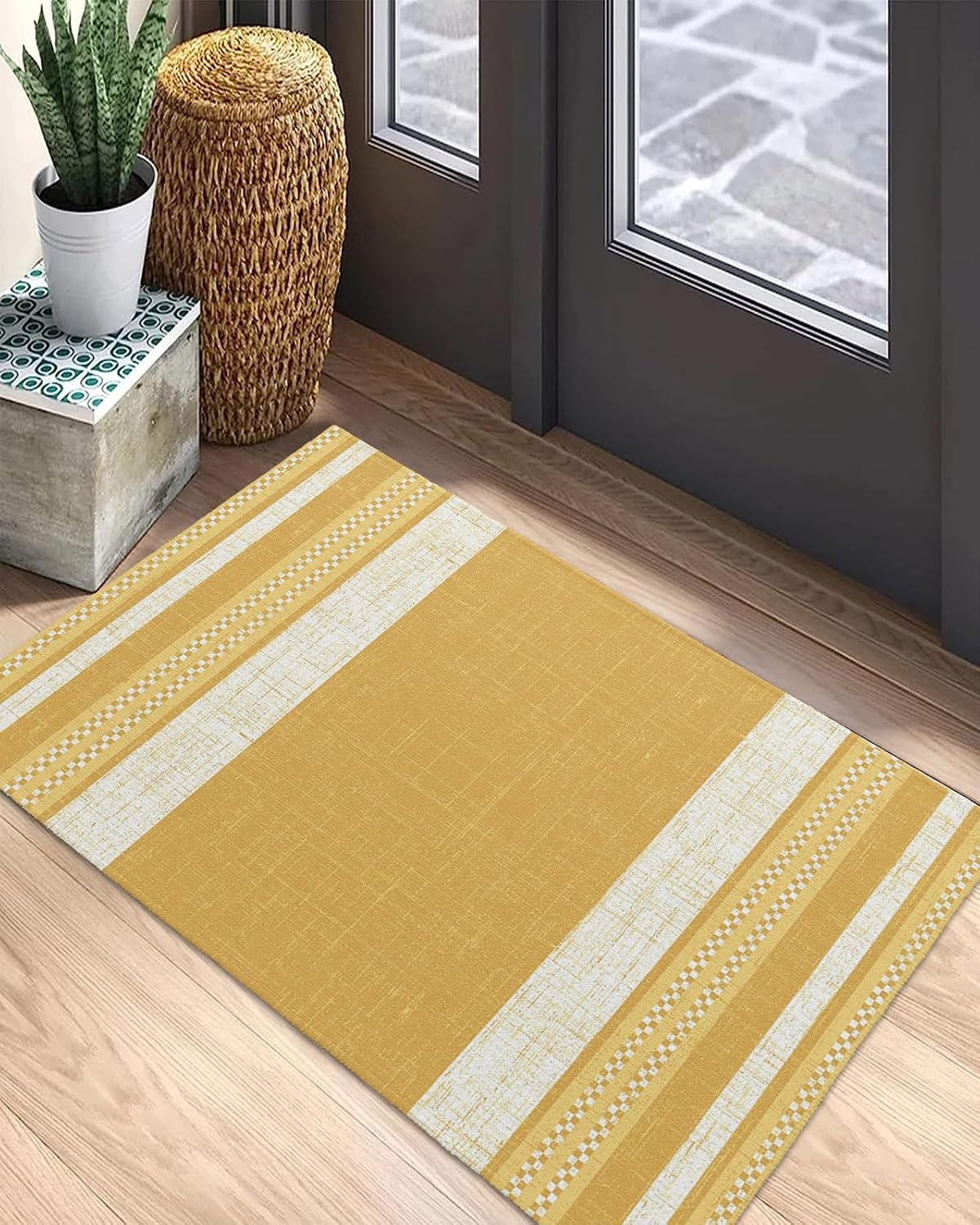 Front Door Mat Outside Entrance, Vintage Turmeric Yellow Striped Outdoor Indoor Door Mats for Entryway, Farmhouse Modern Stripes Boho Low Profile Welcome Mat Entry Doormats for Kitchen 18x30 in