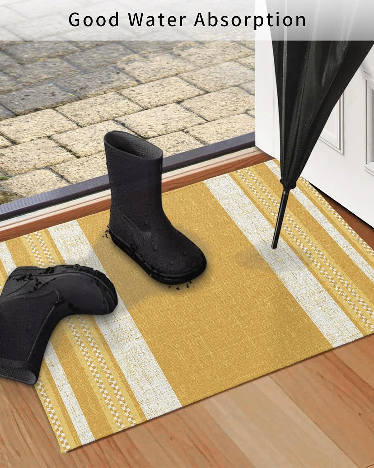 Front Door Mat Outside Entrance, Vintage Turmeric Yellow Striped Outdoor Indoor Door Mats for Entryway, Farmhouse Modern Stripes Boho Low Profile Welcome Mat Entry Doormats for Kitchen 18x30 in