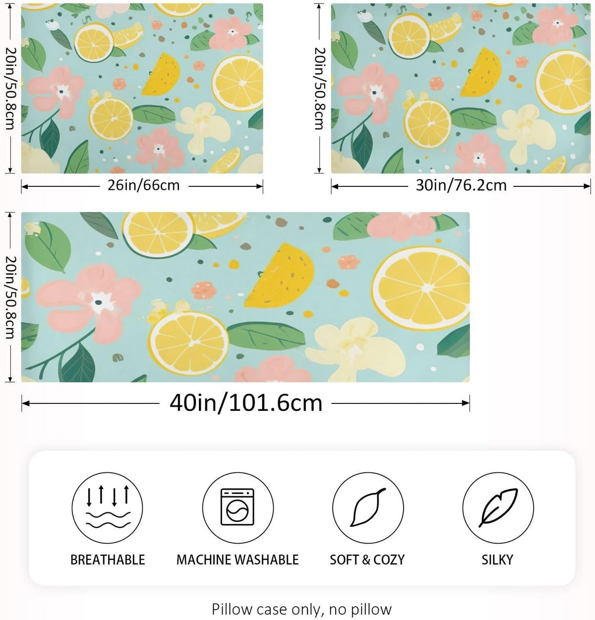 Yellow Lemon Floral Satin Pillowcase for Hair and Skin Body Bed Pillow Pillowcases Standard Size 20"X26" Super Soft Pillow Case with Envelope Closure for Women