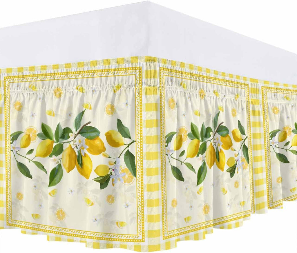 Yellow Lemons Wrap Around Bed Skirt Queen Size, Dust Ruffled 16 Inch Tailored Drop with Adjustable Elastic Belt Pleated, Summer Botanical Checkered Farmhouse Luxury Bedding Skirts for Bedroom