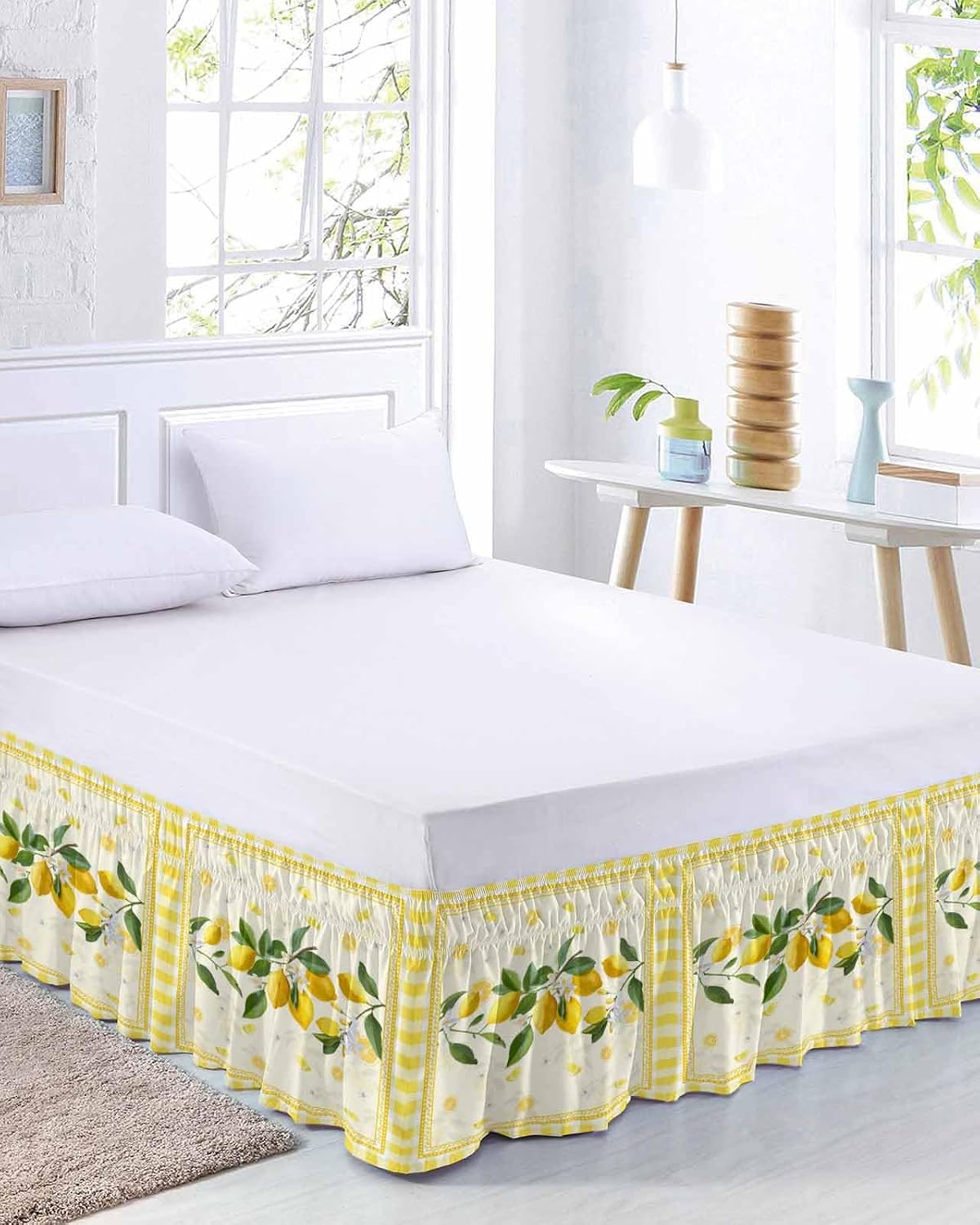 Yellow Lemons Wrap Around Bed Skirt Queen Size, Dust Ruffled 16 Inch Tailored Drop with Adjustable Elastic Belt Pleated, Summer Botanical Checkered Farmhouse Luxury Bedding Skirts for Bedroom