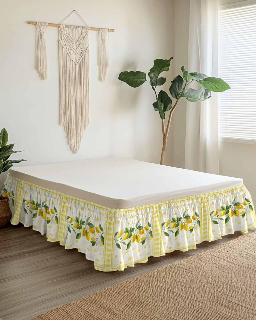 Yellow Lemons Wrap Around Bed Skirt Queen Size, Dust Ruffled 16 Inch Tailored Drop with Adjustable Elastic Belt Pleated, Summer Botanical Checkered Farmhouse Luxury Bedding Skirts for Bedroom