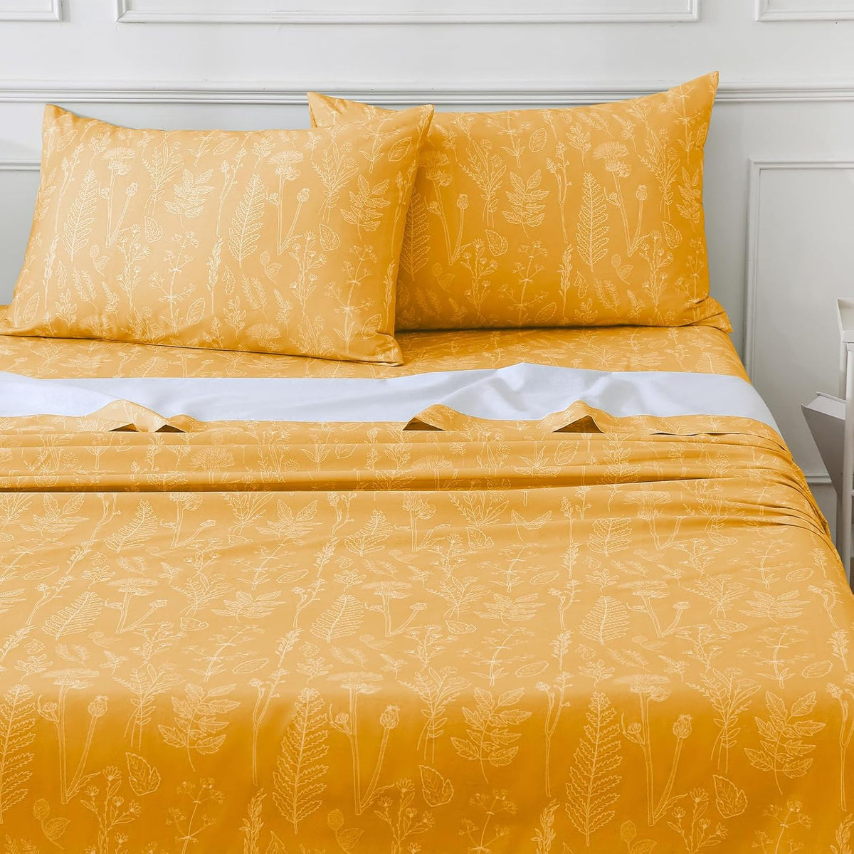 100% Natural Cotton Percale Sheets Set,Queen Size 4 PC, Breathable&Durable Hotel Quality Bedding, 16" Deep Pocket Botanical Floral Bedsheets,Yellow