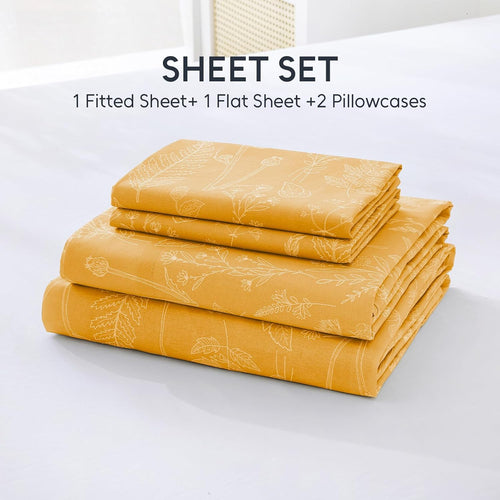 100% Natural Cotton Percale Sheets Set,Queen Size 4 PC, Breathable&Durable Hotel Quality Bedding, 16" Deep Pocket Botanical Floral Bedsheets,Yellow