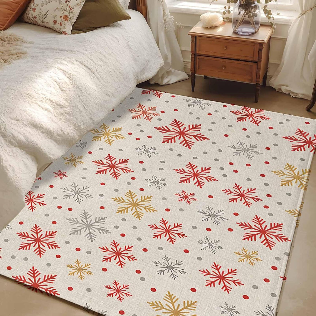 2.7x5 Area Rugs, Winter Snowflakes Non Slip Area Rugs for Living Room, Bedroom, Barhroom, Entryway, Red Yellow Christmas Snowflakes Beige Soft Kitchen Bath Mats Washable Carpet