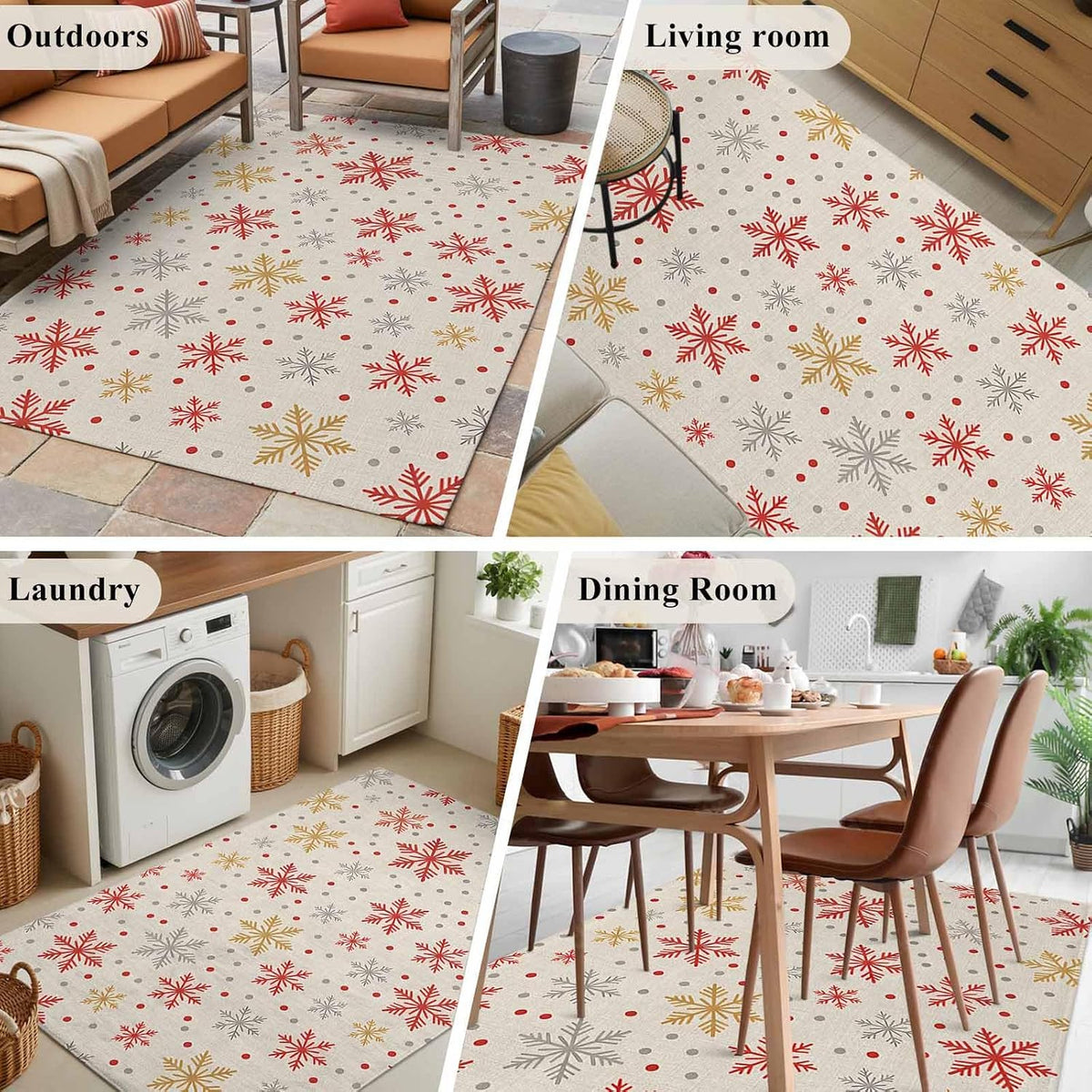 2.7x5 Area Rugs, Winter Snowflakes Non Slip Area Rugs for Living Room, Bedroom, Barhroom, Entryway, Red Yellow Christmas Snowflakes Beige Soft Kitchen Bath Mats Washable Carpet