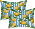 Yellow Lemon Blue Stripes Pattern Satin Pillowcase for Hair and Skin, Pillow Case Standard 2 Pack, Like Silk Pillowcases with Zipper, 20x26 in, Gifts for Women Men