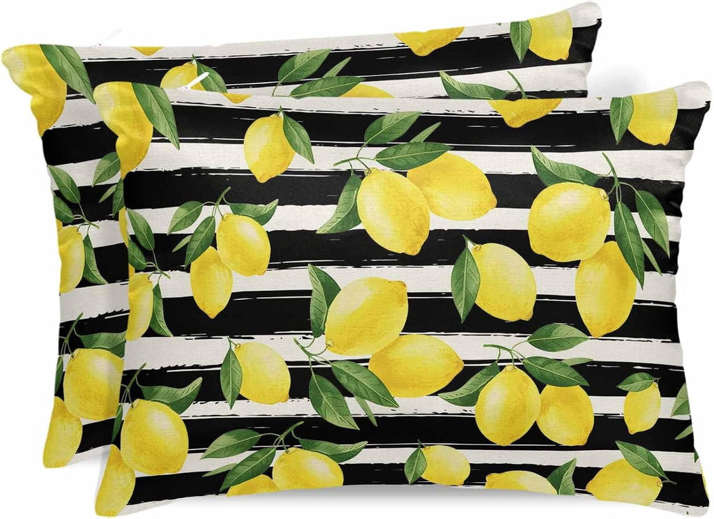 Satin Pillowcase for Hair and Skin Standard Size 2 Pack Yellow Lemon Satin Pillow Case Soft Cool Silk Summer Fruit Black Striped Pillowcases with Hidden Zipper Throw Pillow Covers 20x26 Inch
