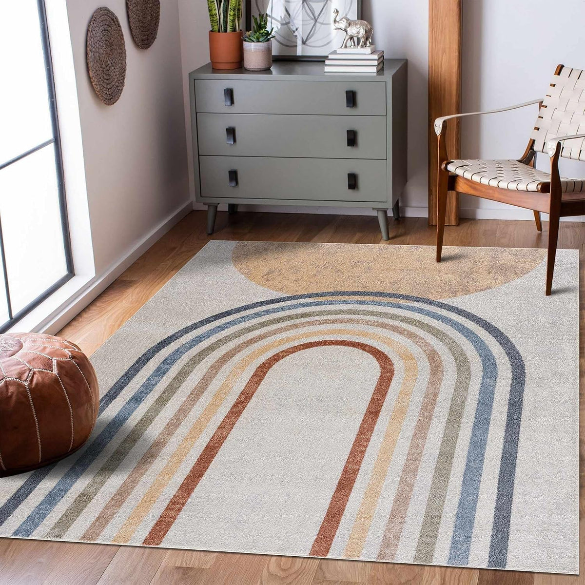 Vaughan Machine Washable Small Area Rug for Door Mat - Bohemian Vintage Distressed - Rainbow Contemporary Striped Carpet - Colorful, Red, Yellow, Beige - 2' x 3'